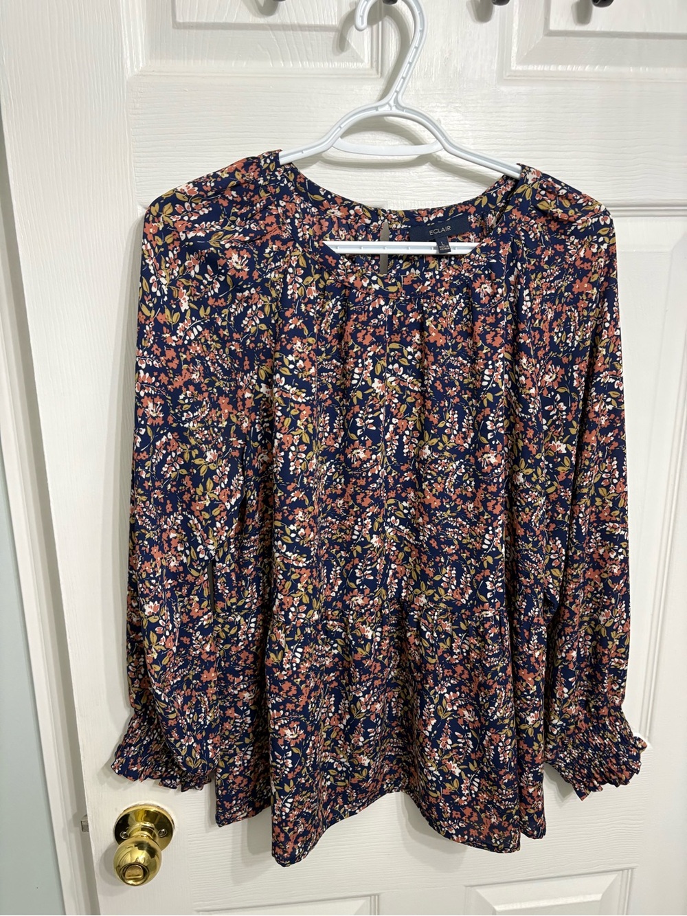 Navy Floral Peasant Blouse with Pink and Cream Accents